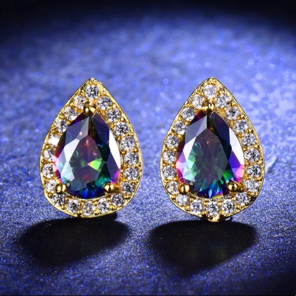 Yellow Gold Mystic Topaz Pear Halo Stud Earrings - Picture 2 of 4